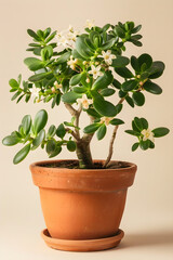 Obraz premium A Vibrant, Flourishing Jade Plant Blossoming in a Rustic Terracotta Pot