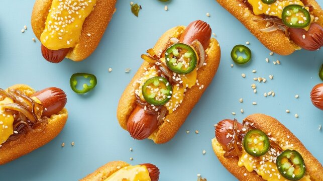 Colorful hot dogs topped with cheese, jalape&ntilde;os, and crispy onio