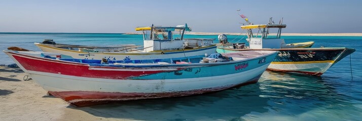 Obraz premium Colorful fishing boats on sandy beach, turquoise water, sunny day