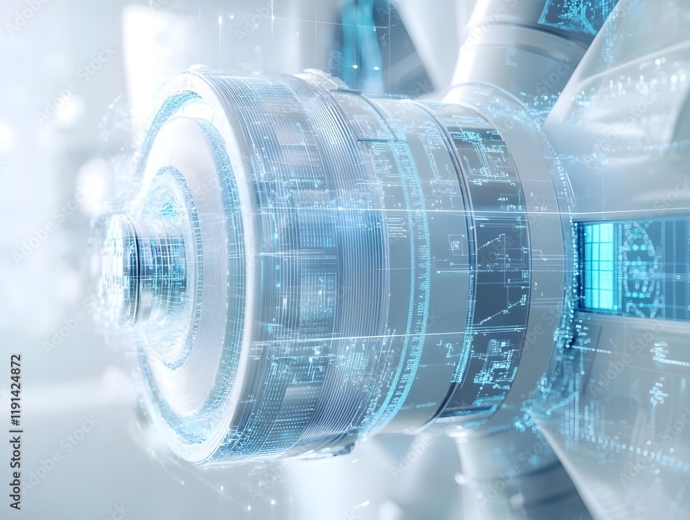 Poster a close-up view of a futuristic turbine engine integrated with digital technology, showcasing sleek 