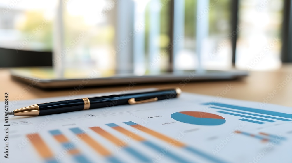 Poster a close-up view of business analytics displayed on a document, featuring colorful charts and graphs.