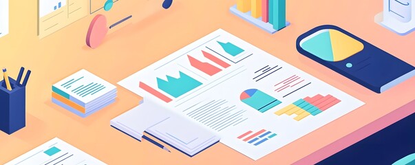 A creative workspace featuring colorful charts and documents on a desk.
