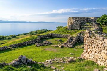 Ancient lake ruins, sunny day, historical site, Balkan landscape, tourism