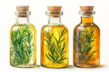 Vibrant herbal infused oils in glass bottles with sprigs and cork stoppers.