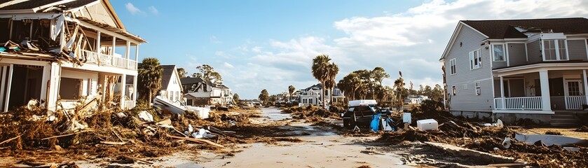 A devastated street aftermath of a natural disaster, showcasing damaged houses, debris, and a sense of loss. A poignant reminder of the impact of climate change on communities.