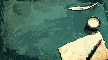 watercolor illustration, World writer's day, manuscript on parchment, retro writing pen, inkwell, dark green background, vintage postcard, copy space, free space for text