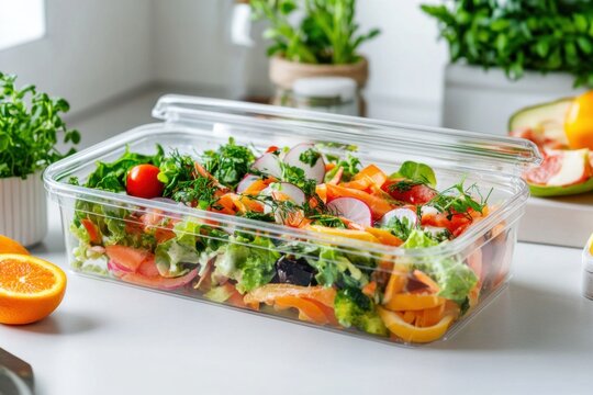Salad in biodegradable clamshell box on modern countertop with fresh kitchen backdrop