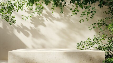 Minimalistic display area with soft shadows and lush greenery en