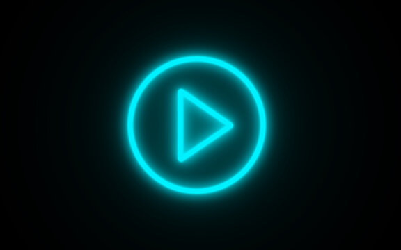 Play button icon. Neon shine play button with neon circle. Glowing a play button on black background and is perfect for multimedia projects .Play right navigate triangle arrow start button.