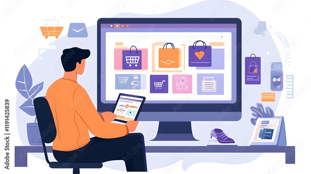 Poster a man using a tablet while shopping online, surrounded by various shopping icons and graphics. this 