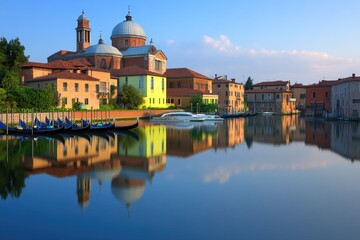 Obraz premium Scenic Canal with Historic Architecture and Boats at Sunset