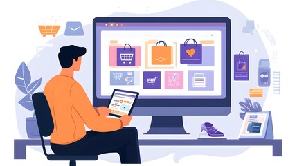 A man using a tablet while shopping online, surrounded by various shopping icons and graphics. This image represents modern e-commerce and the digital shopping experience.
