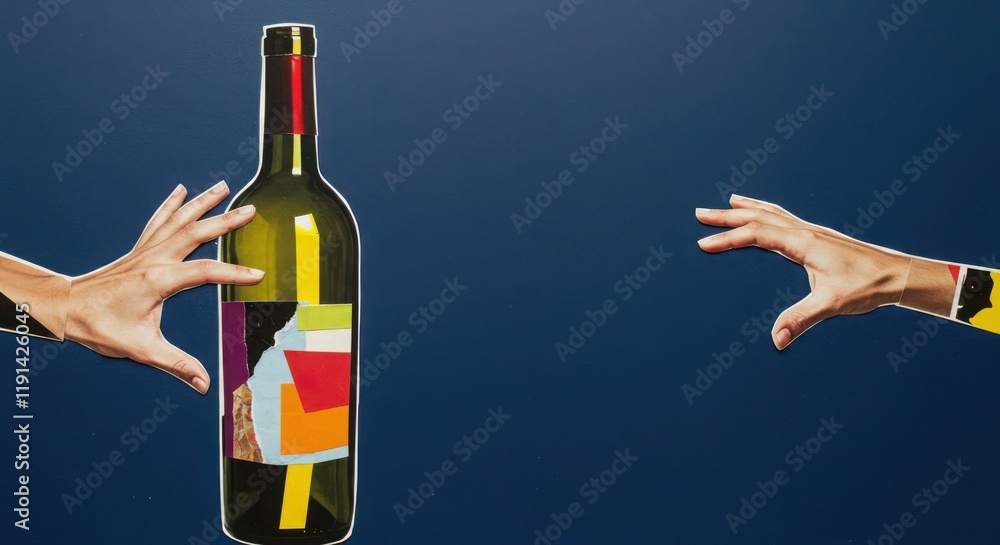 Poster two hands reaching for a bottle with colorful geometric patterns on a blue background