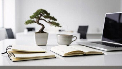 A close-up view of a simple workspace featuring a laptop, notebooks, a coffee cup, and a potted plant on a white table, with a blurred office room in the background.

