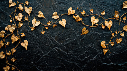 Obraz premium Golden ivy vines crawl across a matte black textured wall in a symmetrical pattern, creating an elegant contrast between nature and modern design, perfect for sophisticated décor. 
