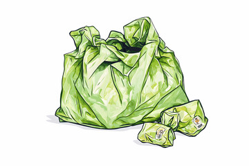 Bright Green Crumpled Bag with Small Wrapped Items on White Background