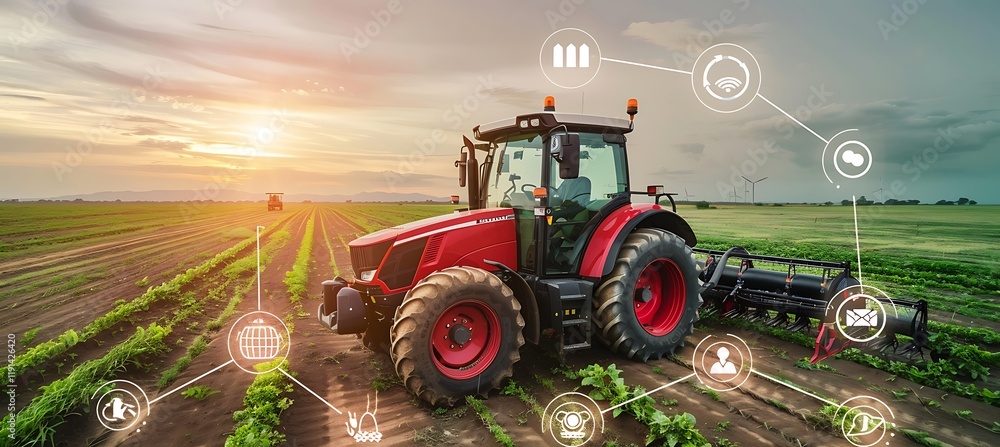 Poster smart farming technology collecting information while working in the fields to boost productivity.