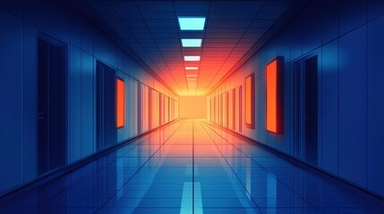 Futuristic Corridor with Orange and Blue Lighting
