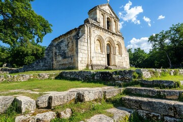 Fototapeta premium Ancient stone church ruins, sunny day, green hills, historical site, travel