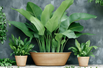 Obraz premium Lush tropical plants in woven pots against a textured wall; ideal for home decor or gardening websites