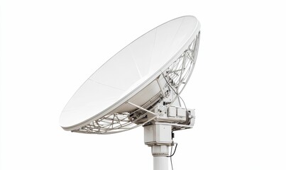 Large white parabolic antenna on a pole.
