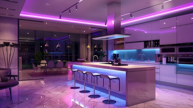 "Modern kitchen illuminated with vibrant LED strip lighting, creating a stylish and inviting atmosphere."
