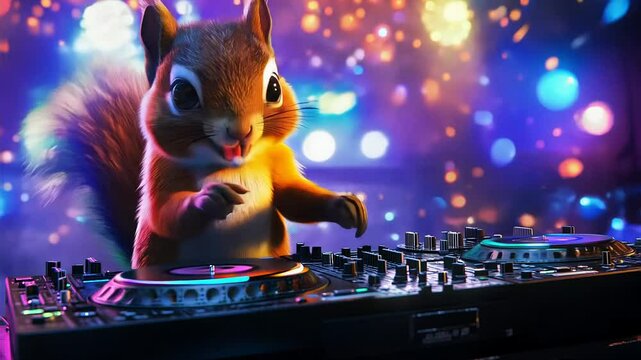 Animated Squirrel DJing at a Vibrant Party with Turntables