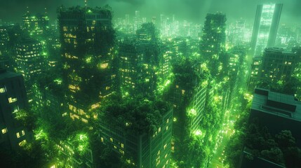 Obraz premium Glowing green cityscape at night, showcasing vibrant lights and