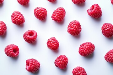 Bright red raspberries scattered on clean white background creat