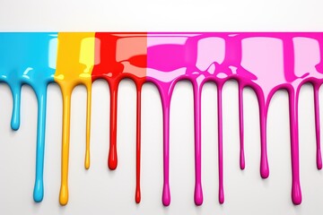 Colorful dripping paint in vibrant yellow, pink, and turquoise on a white background, abstract artistic design and creative concept