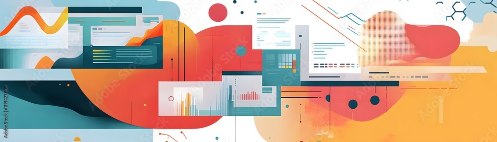 Poster a vibrant and dynamic abstract graphic showcasing modern technology with colorful shapes, data visua