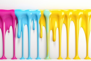Colorful dripping paint in vibrant yellow, pink, and turquoise on a white background, abstract artistic design and creative concept