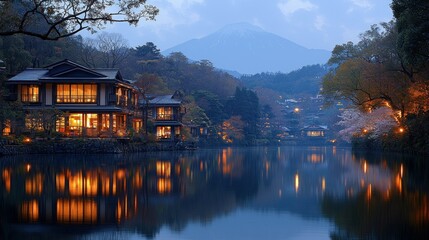 Serene Japanese Lakeside Resort at Dusk