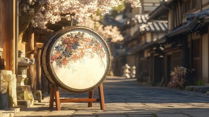Fototapeta premium Traditional Drum in a Serene Cherry Blossom Street Surrounded by Wooden Buildings