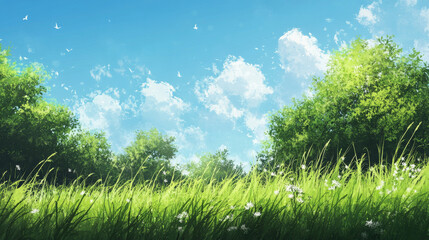 Obraz premium A lush green meadow under a clear blue sky, with tall grass gently swaying in the breeze.