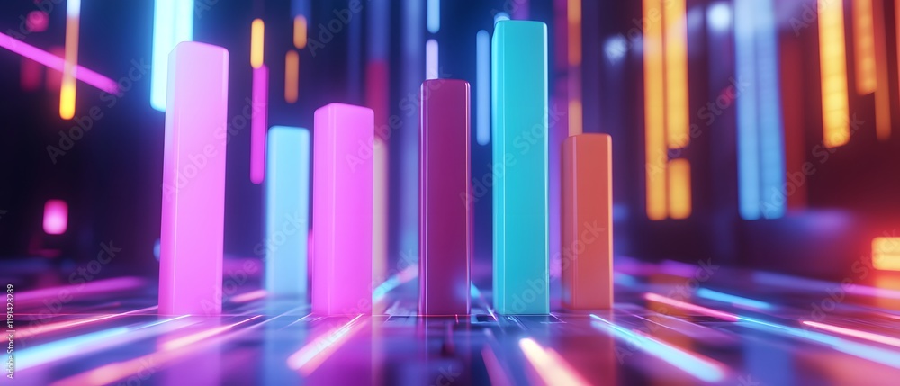 Poster a visually stunning abstract representation of data visualization with vibrant neon bars set against