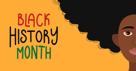 Black history month horizontal banner template. Background with women African American races. Black history month hand drawn lettering. Vector flat illustration.