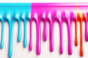 Colorful dripping paint in vibrant yellow, pink, and turquoise on a white background, abstract artistic design and creative concept
