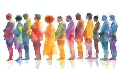 Fototapeta premium A vibrant watercolor painting depicting a diverse group of people standing in a line, showcasing individuality and unity through colorful representation.