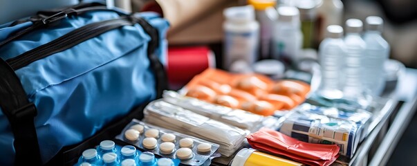 A well-organized travel bag filled with essential items such as water bottles, medications, and first aid supplies, perfect for health-conscious adventurers and travelers.