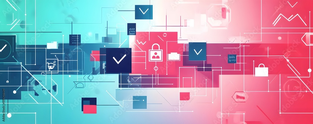 Poster abstract digital technology background with vibrant colors and secure data icons.