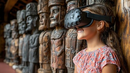 Girl Experiencing Virtual Reality with Mayan Statues