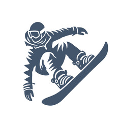 A minimalist silhouette illustration of a snowboarder mid-air, showcasing motion and simplicity, perfect for graphic designs and winter sports themes. Isolated vector illustration.