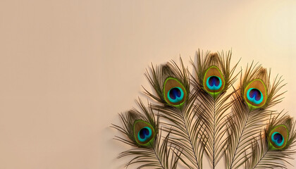 Obraz premium Peacock feathers fan on beige background