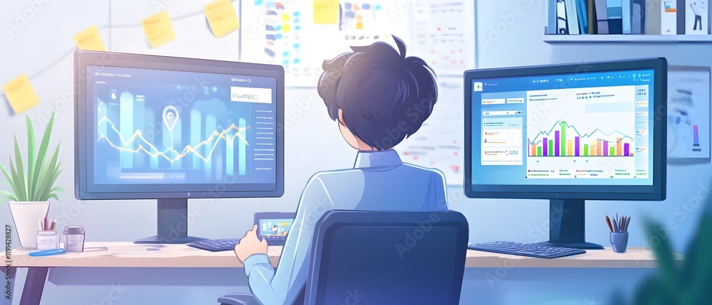 Poster an individual analyzing data on multiple computer screens in a modern office environment, focused on