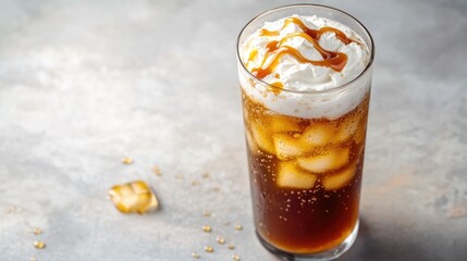 Chilled beverage with creamy foam and caramel drizzle, served ov