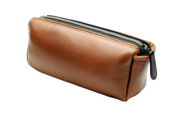 Stylish leather pencil case in warm brown color featuring a smooth zipper closure
