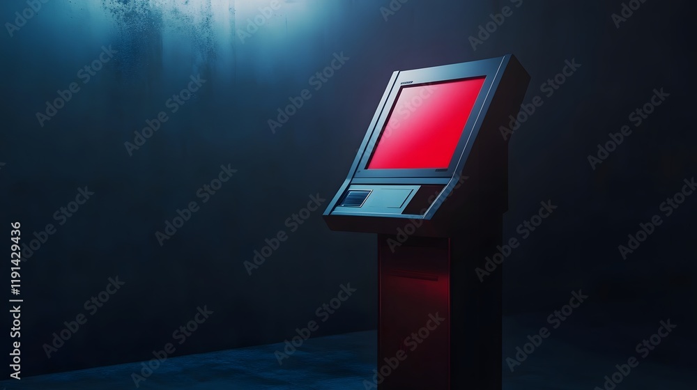 Poster futuristic kiosk with a bright screen, illuminated in a dark room. the sleek design and modern aesth