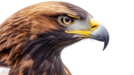 Close-Up Portrait of a Majestic Eagle with Detailed Plumage Against a White Background