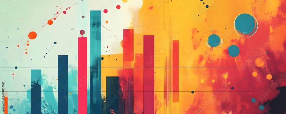 Poster vibrant abstract design featuring colorful bars and shapes representing data visualizations.